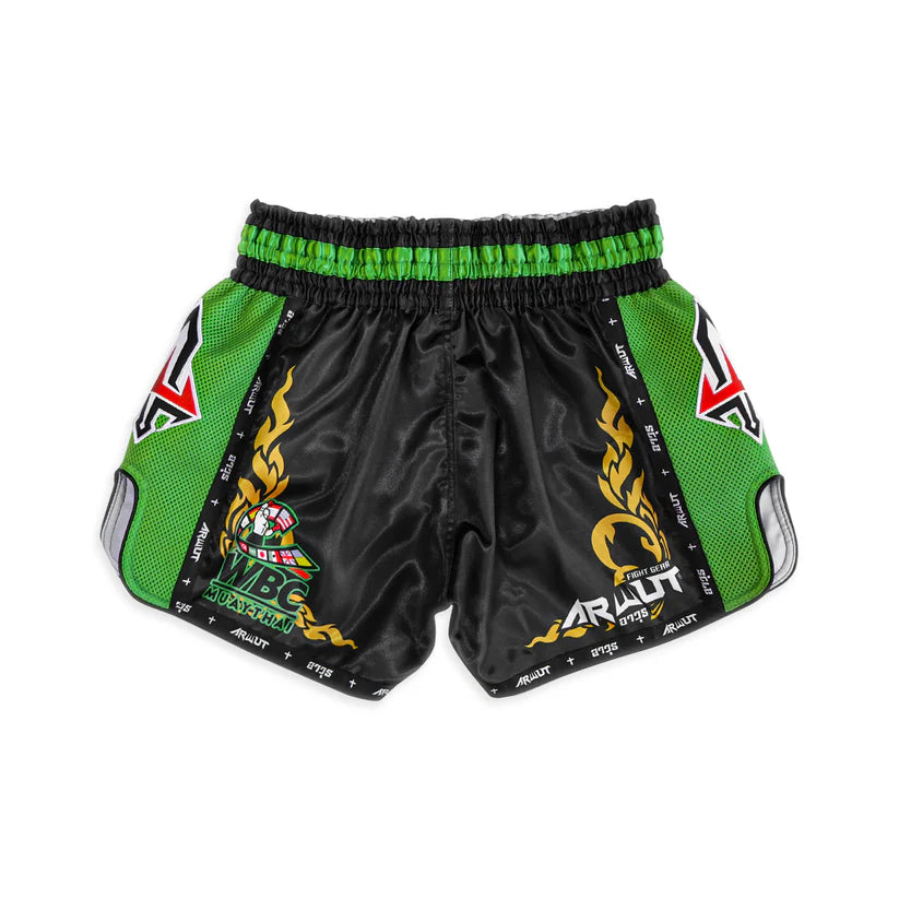 Black and green shorts with branding on a white background