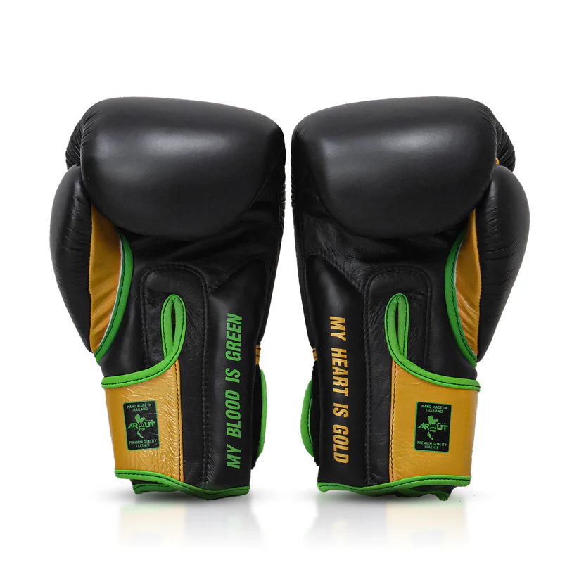 Pair of black, gold, and green boxing gloves on a white background