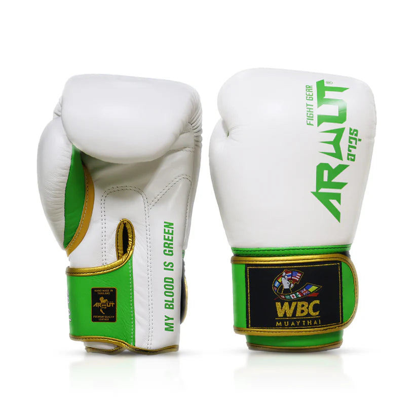 White boxing gloves with green accents and WBC branding on a white background