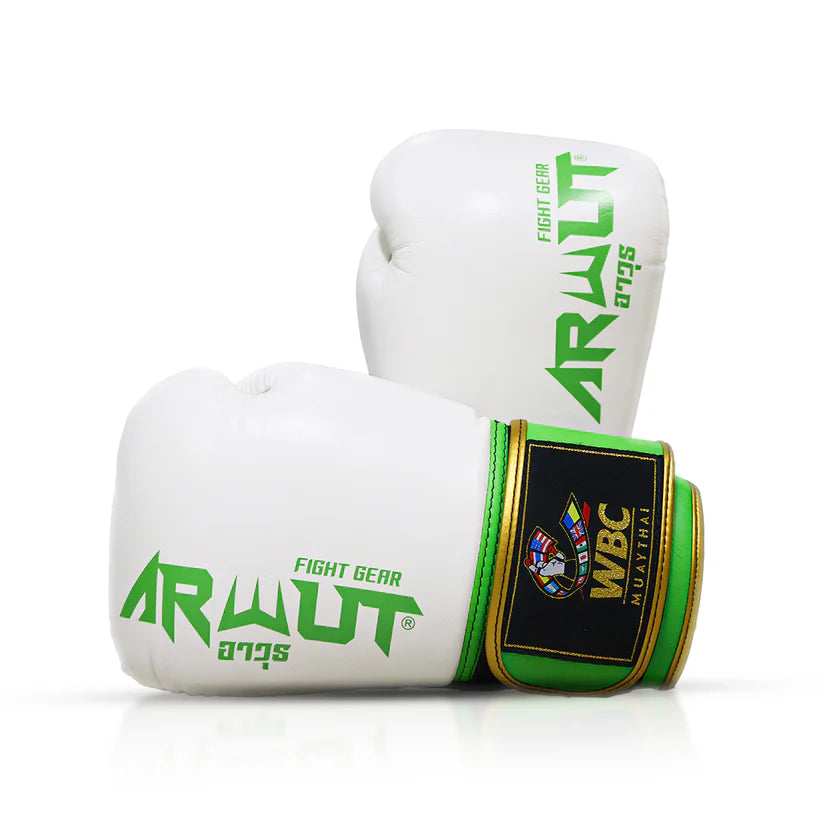 White Muay Thai boxing gloves with green accents and WBC logo on a white background