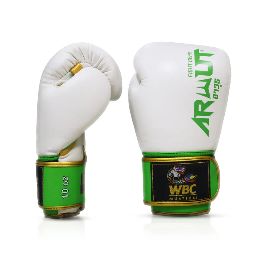 White Arwut boxing gloves with green accents and WBC Muay Thai logo on a white background