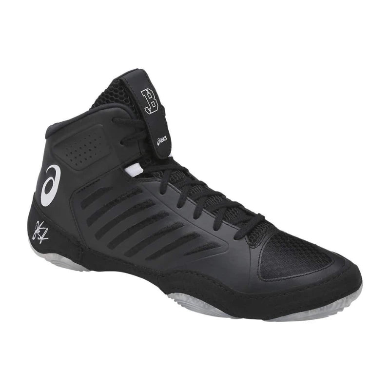 Black high-top athletic wrestling shoe on a white background