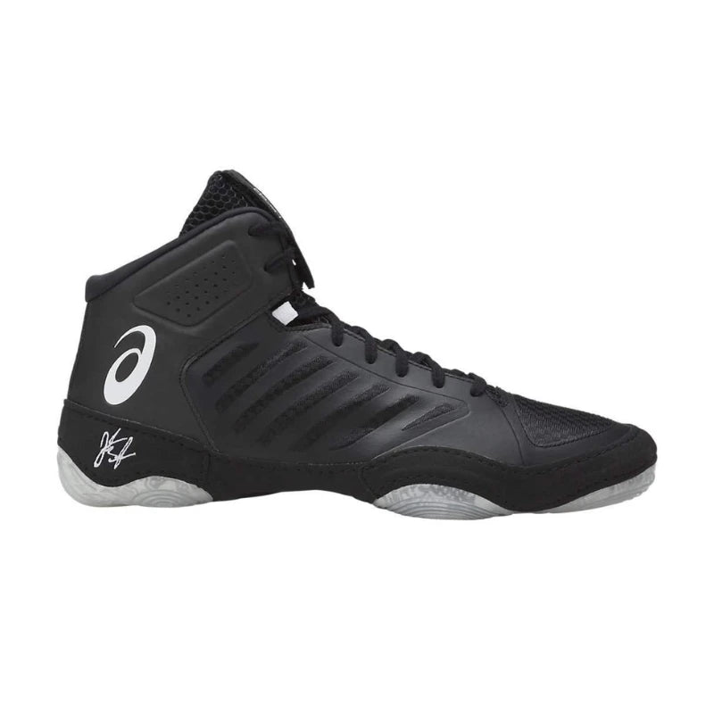 Black high-top wrestling sneaker with white logo on a white background