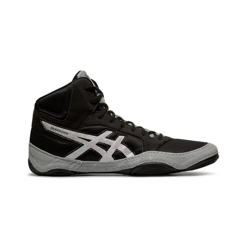 Black and gray wrestling shoe on a white background