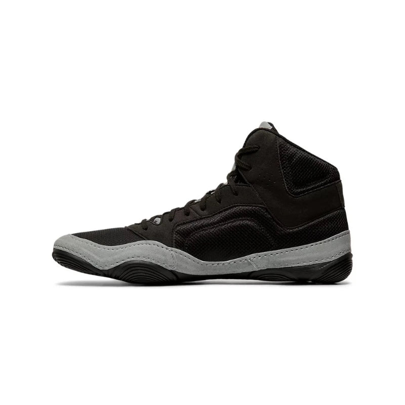 Black high-top wrestling sneaker with gray sole on a white background
