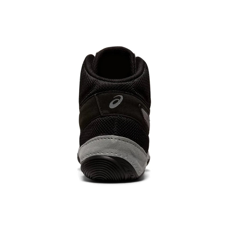 Black athletic wrestling shoe with gray sole on a white background