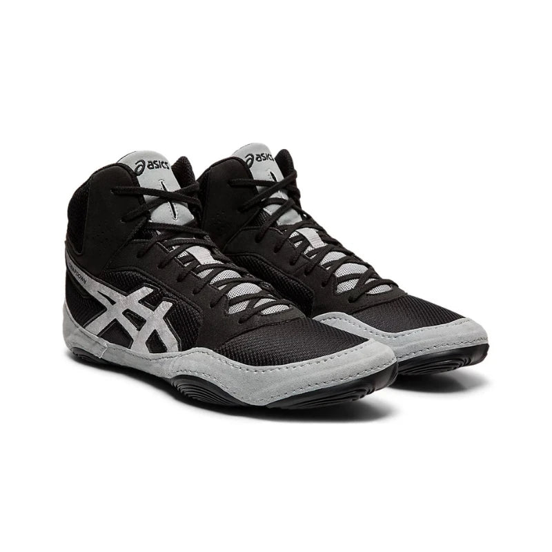 Black and gray athletic wrestling shoes with white logo on a white background