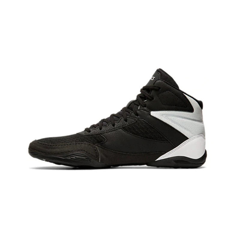 Black and white high-top wrestling sneaker on a white background