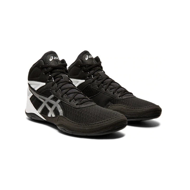 Black and white wrestling shoes on a white background