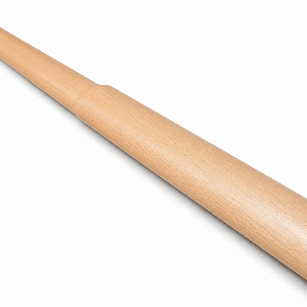 Close up of Beech Bokken sword handle on a white background