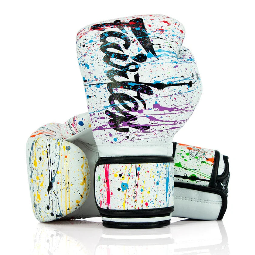 Colorful boxing gloves with brand logo on a white background