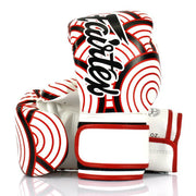 Pair of boxing gloves with red, white, and black design on a white background