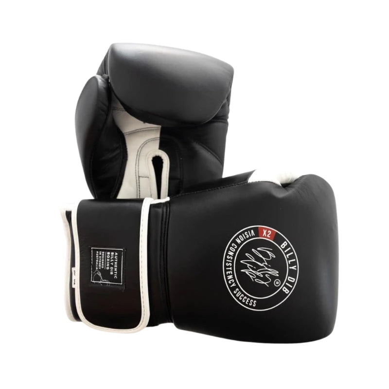 Black boxing gloves with a brand logo on a white background