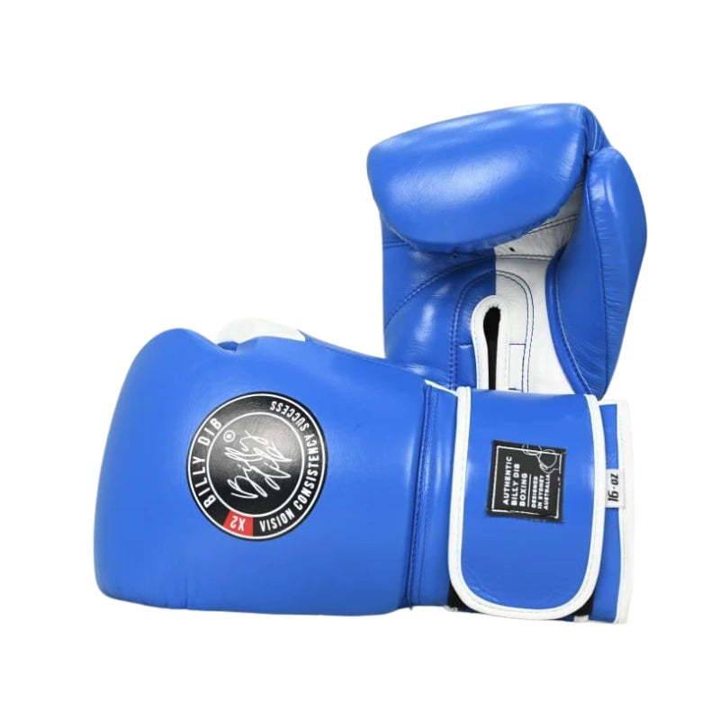 Blue boxing gloves with a brand logo on a white background