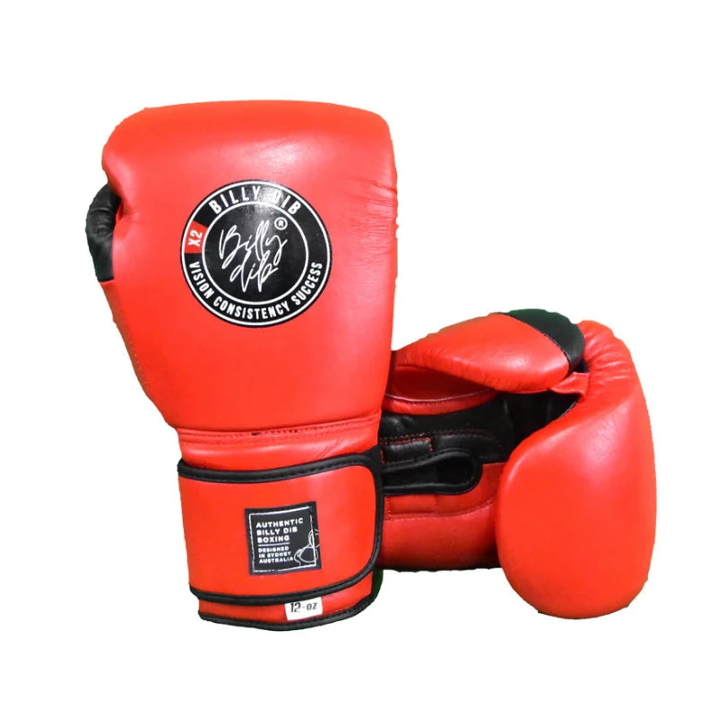 Red boxing gloves with a brand logo on a white background