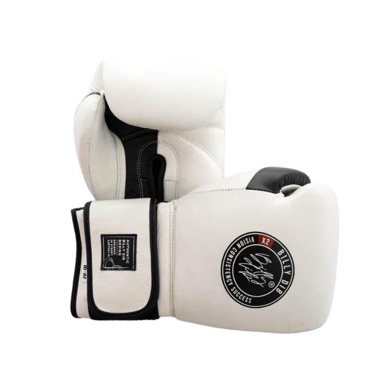 White boxing gloves with black logos on a white background