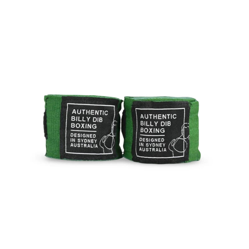Pair of green boxing wraps with black labels on a white background