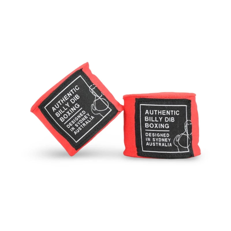 Red boxing hand wraps with black labels on a white background