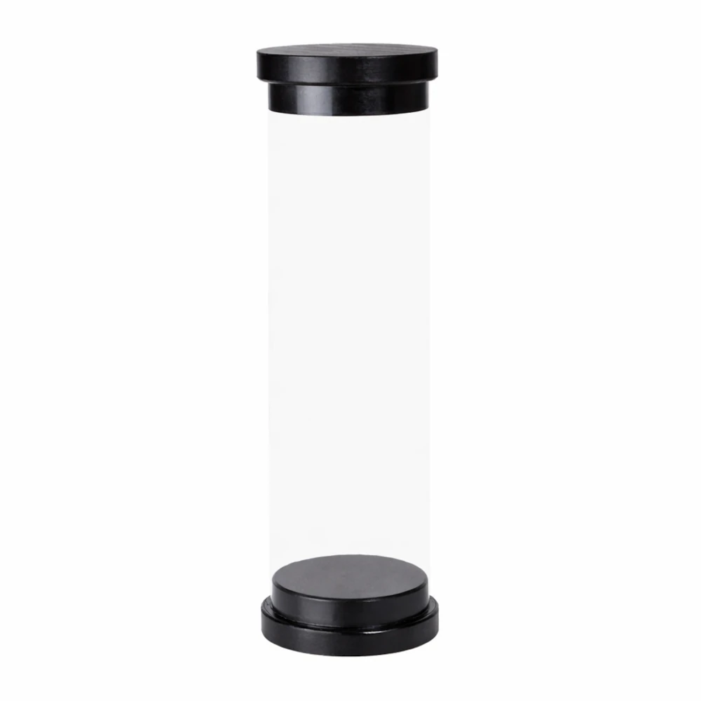 Clear martial arts belt display jar with black lids on a white background