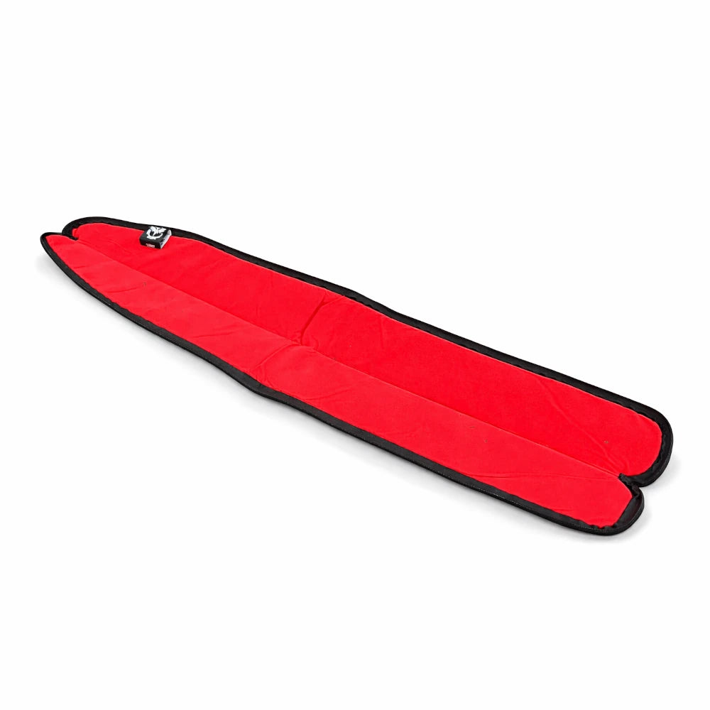 Red booken bag with black trim on a white background