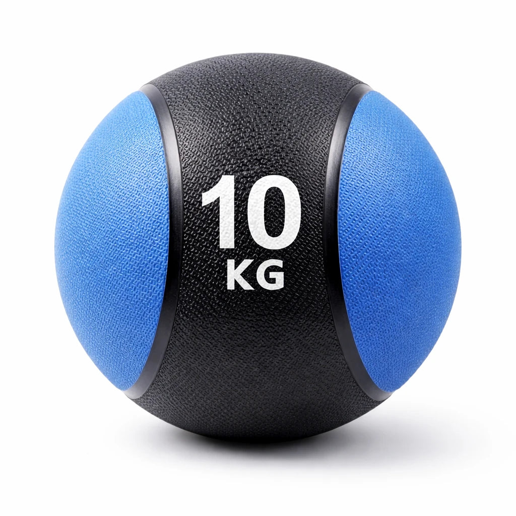 Black and blue medicine ball with '10 KG' marking on a white background
