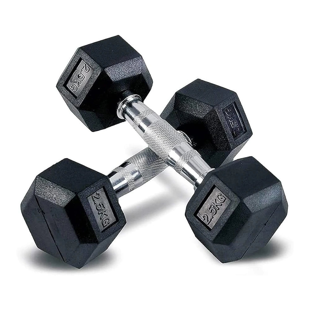 Pair of black hexagonal dumbbells on a white background