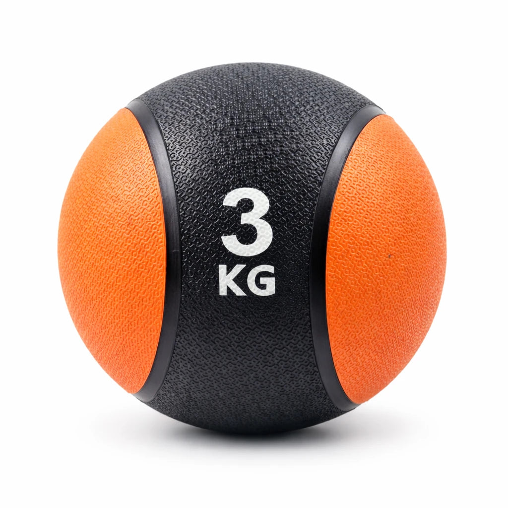 Black and orange medicine ball labeled '3 KG' on a white background