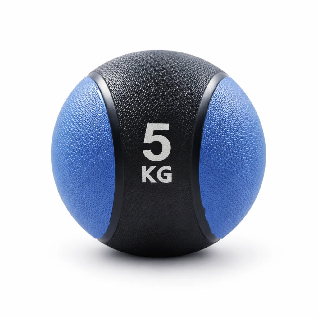 Blue and black medicine ball labeled '5 KG' on a white background