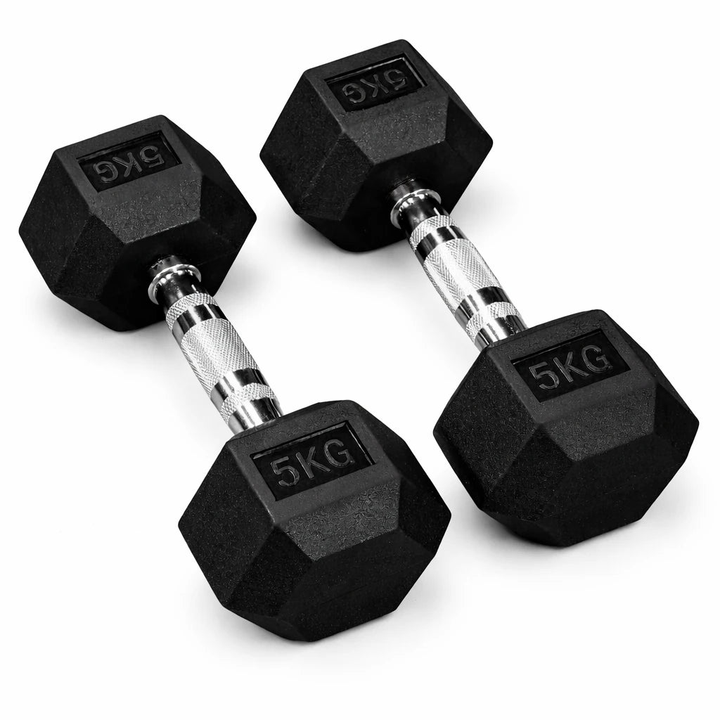 Pair of 5KG hexagonal dumbbells on a white background