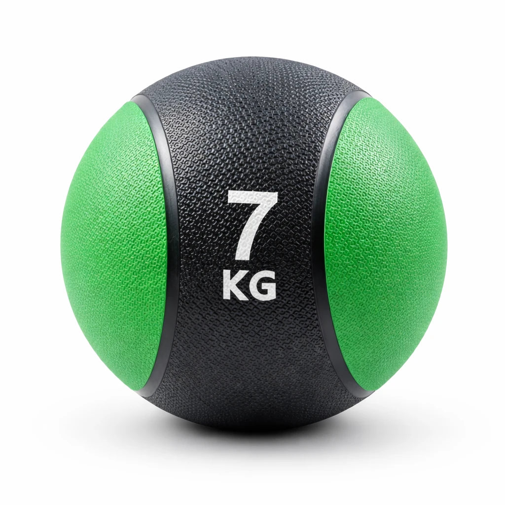 7 kg medicine ball with green and black color on a white background