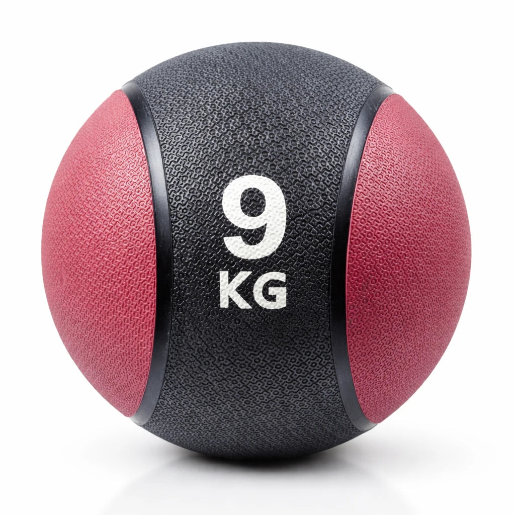 9 kg medicine ball with red and black color scheme on a white background