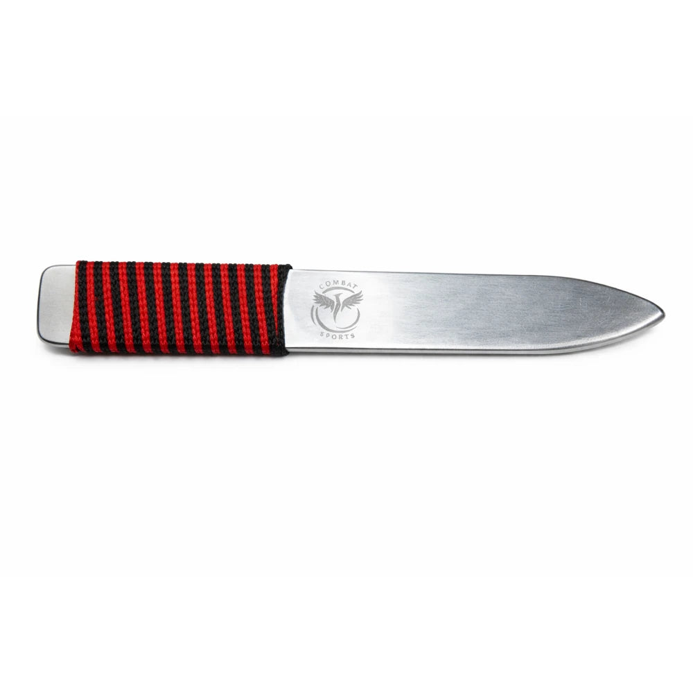 Training knife with a red and black handle on a white background