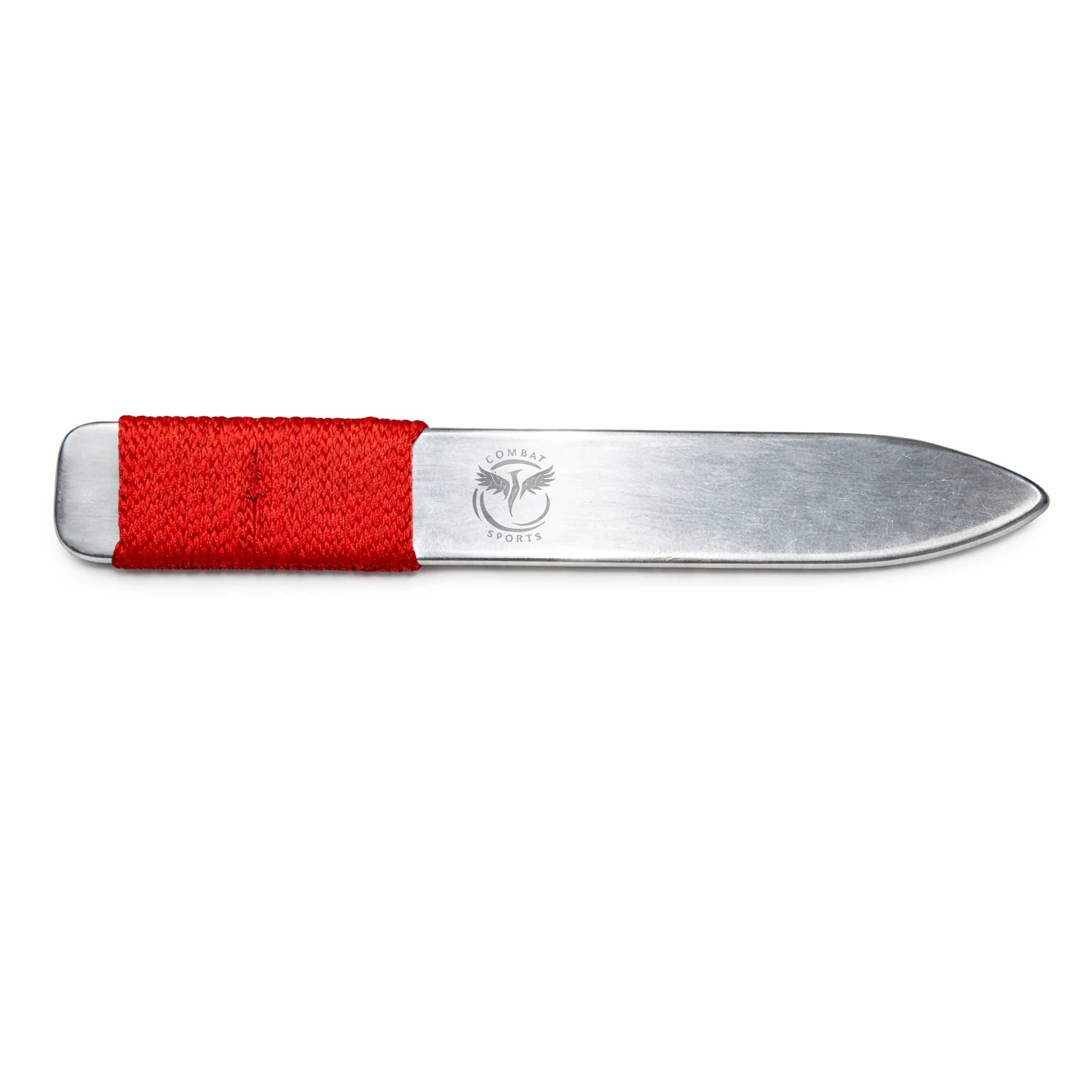 Training knife with a red handle and silver blade on a white background