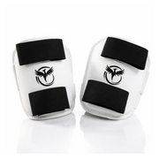 Two white arm guards with black straps and logos on a white background