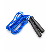 Blue jump rope with black handles on a white background