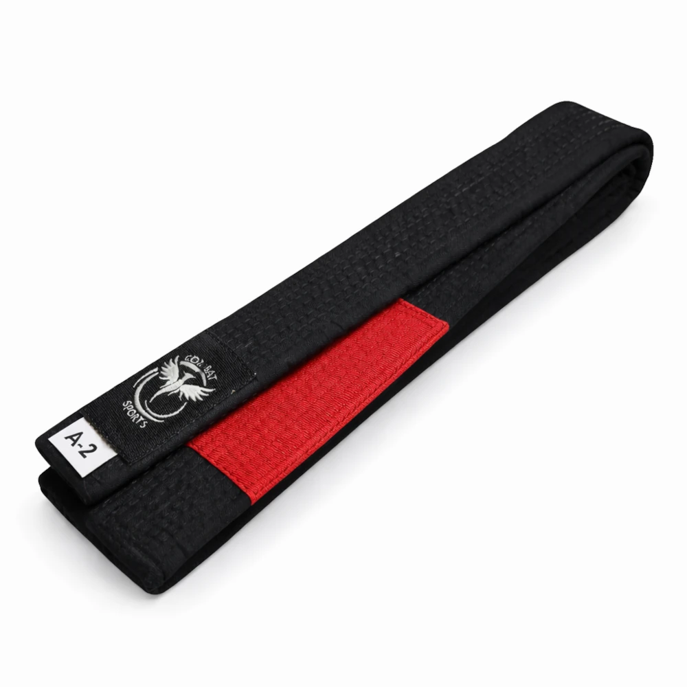 Black belt with red stripe and white logo on a white background