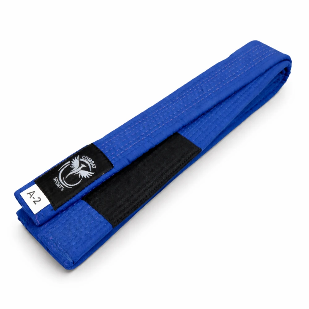 Blue martial arts belt with a black patch displaying 'A2' on a white background