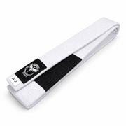 White martial arts belt with black belt and brand logo on a white background