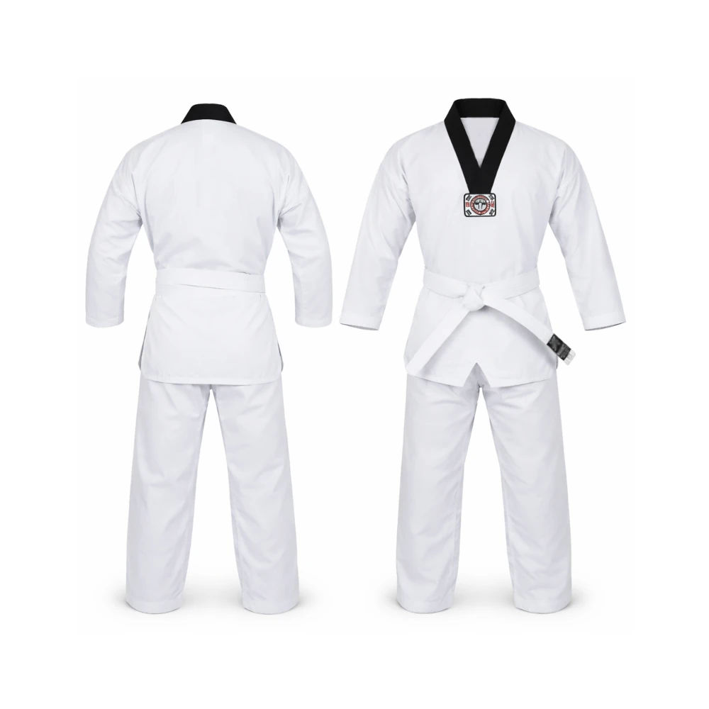 White martial arts uniform with black collar on a white background