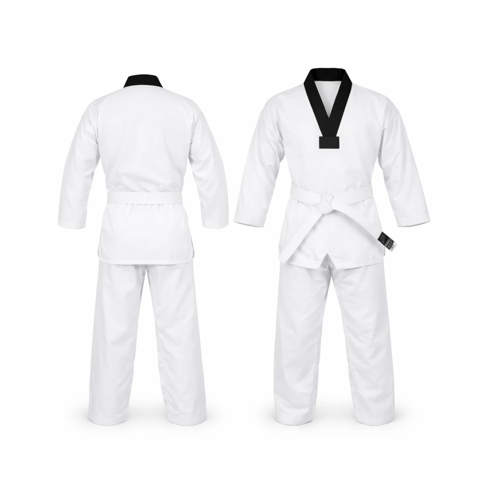White martial arts uniform with black trim on a white background