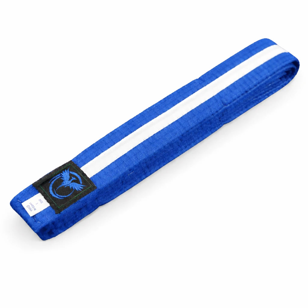 Blue belt with a white stripe and a logo on a white background
