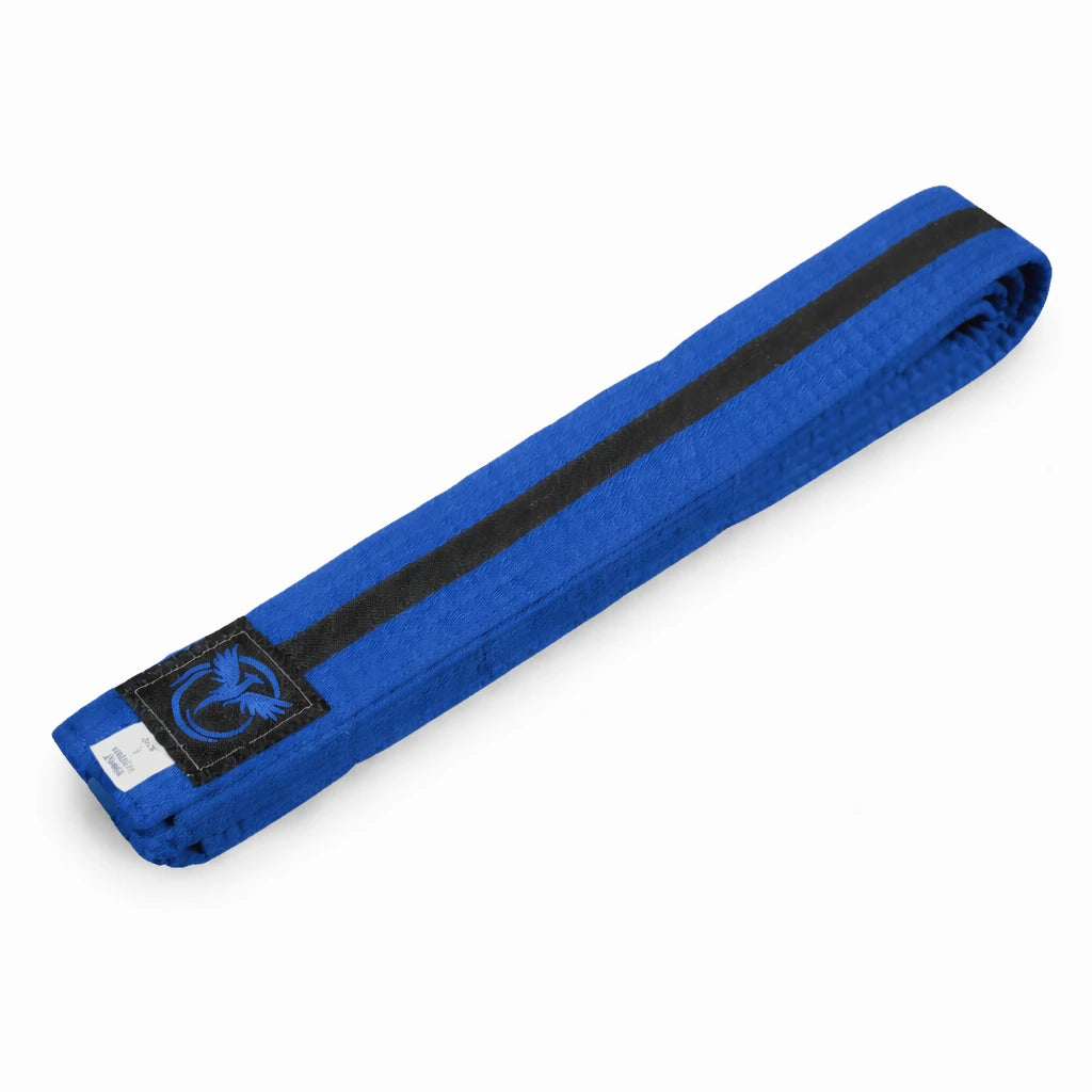 Blue belt with a black stripe on a white background