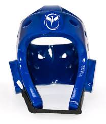 Blue protective headgear with a logo on a white background