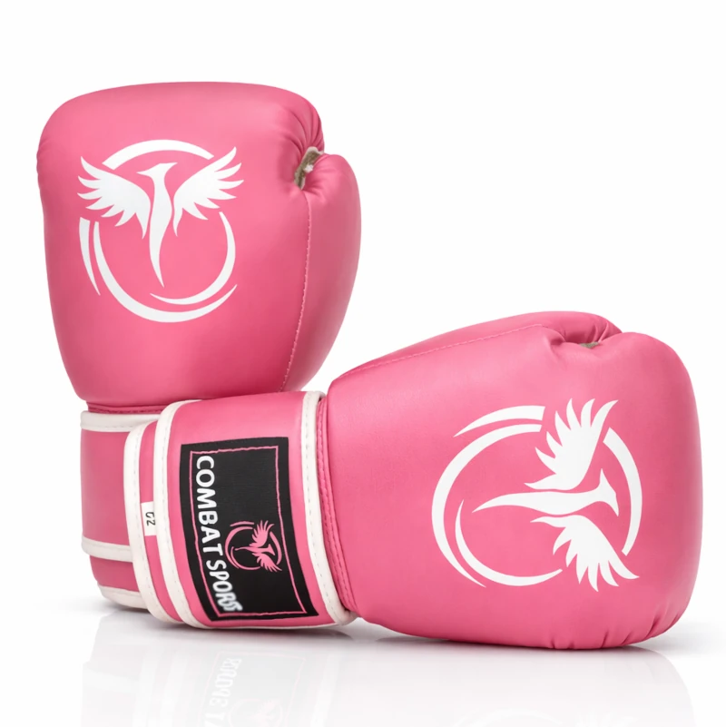 Pink boxing gloves with a logo on a white background
