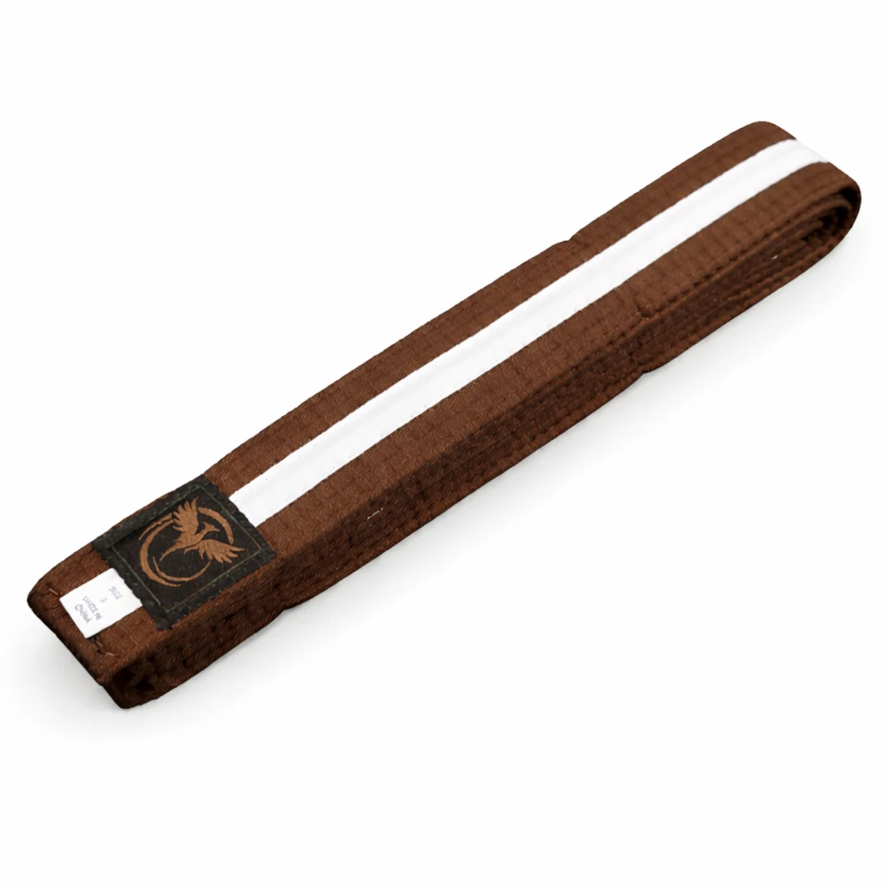 Brown belt with a white stripe and logo on a white background