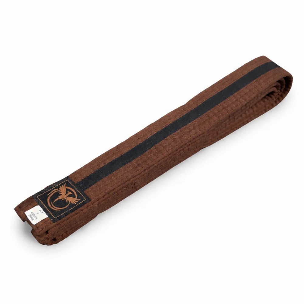 Brown belt with a black stripe and logo on a white background