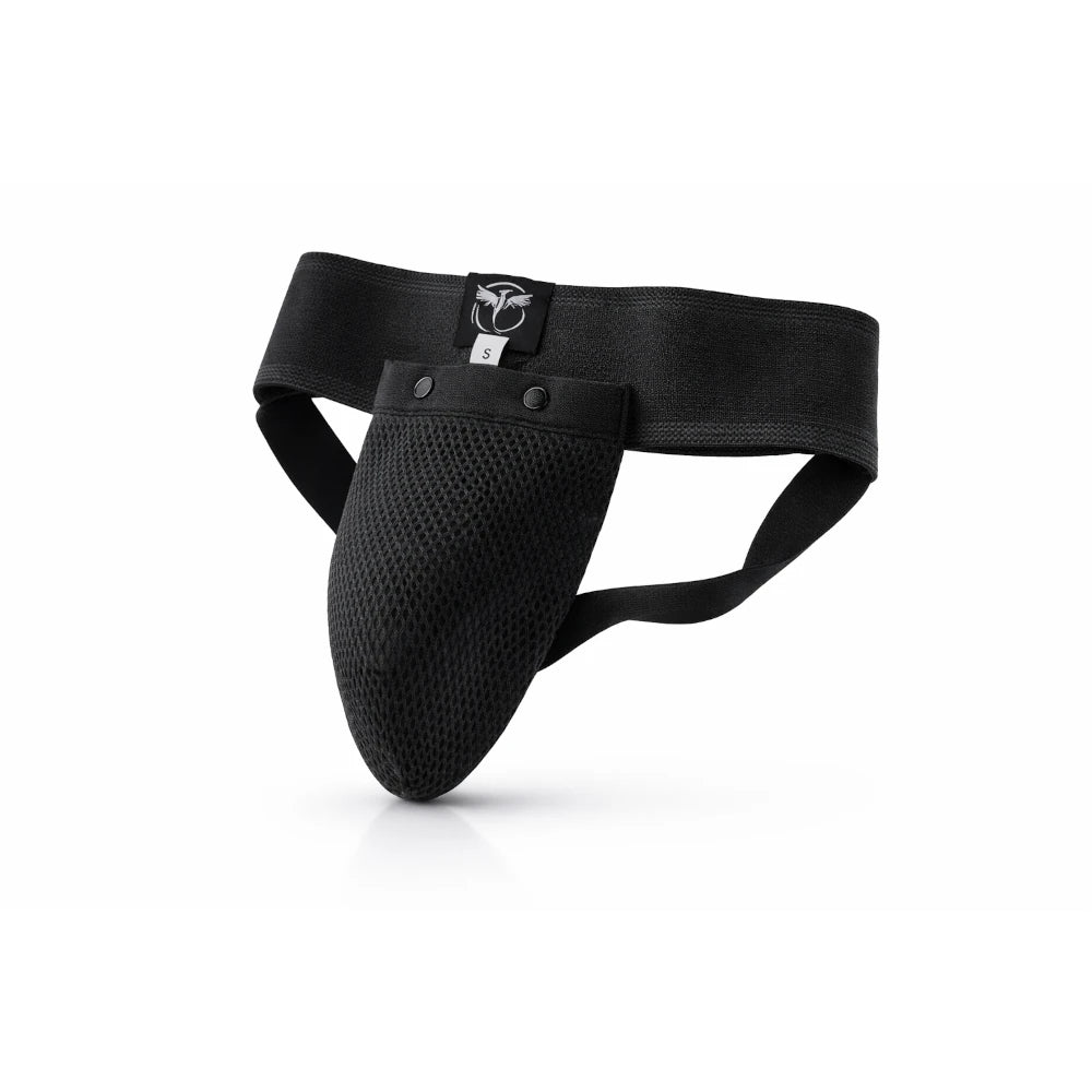 Black athletic groin guard with mesh design on a white background