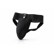 Black athletic groin guard with mesh design on a white background