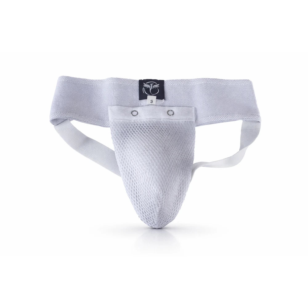 White men's groin guard with mesh design on a white background