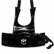 Black protective chest pad with straps on a white background